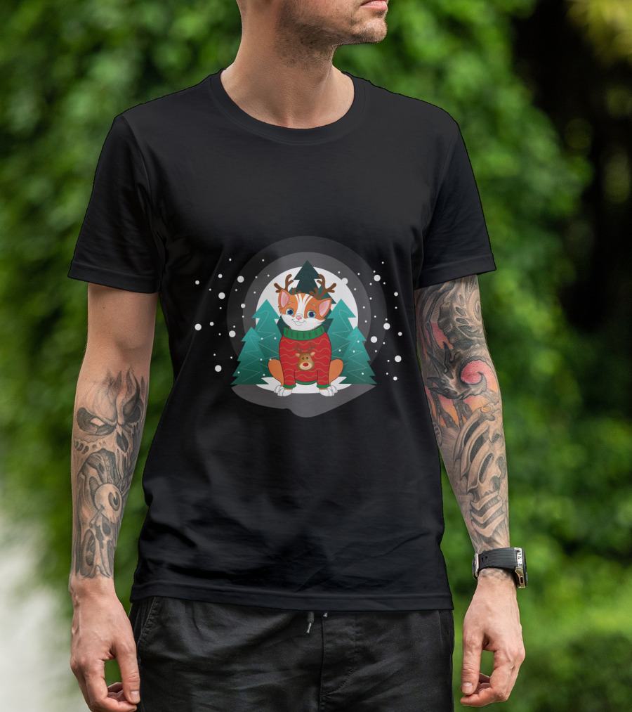 Cat Terrier Christmas Sweater With Snowy Trees And Reindeer Antlers T-Shirt