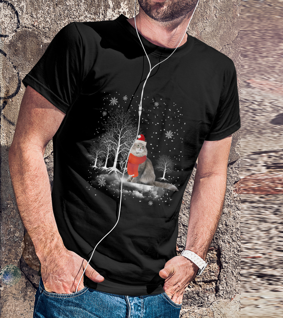 Cat In Snowy Winter Scene With Red Santa Hat And Scarf T-Shirt