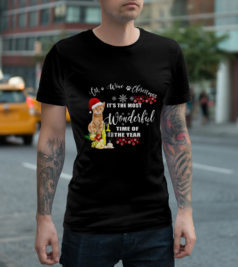 Cat Wine Christmas It's the Most Wonderful Time of the Year T-Shirt