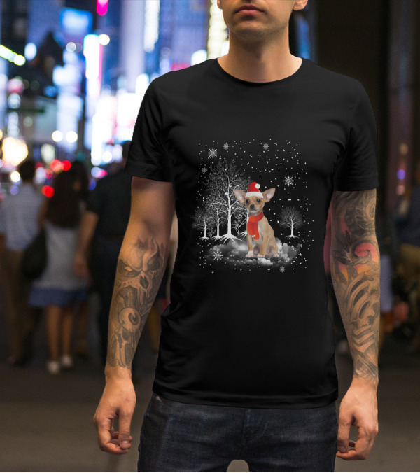 Chihuahua In Santa Hat With Snowflakes And Trees In Winter Wonderland T-Shirt
