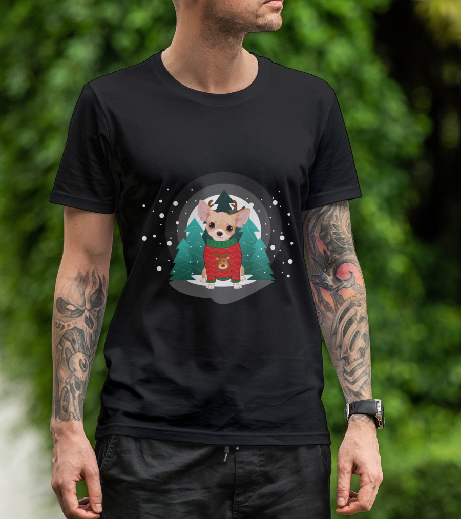 Chihuahua Terrier Wearing Christmas Sweater Snowflake Forest Scene T-Shirt