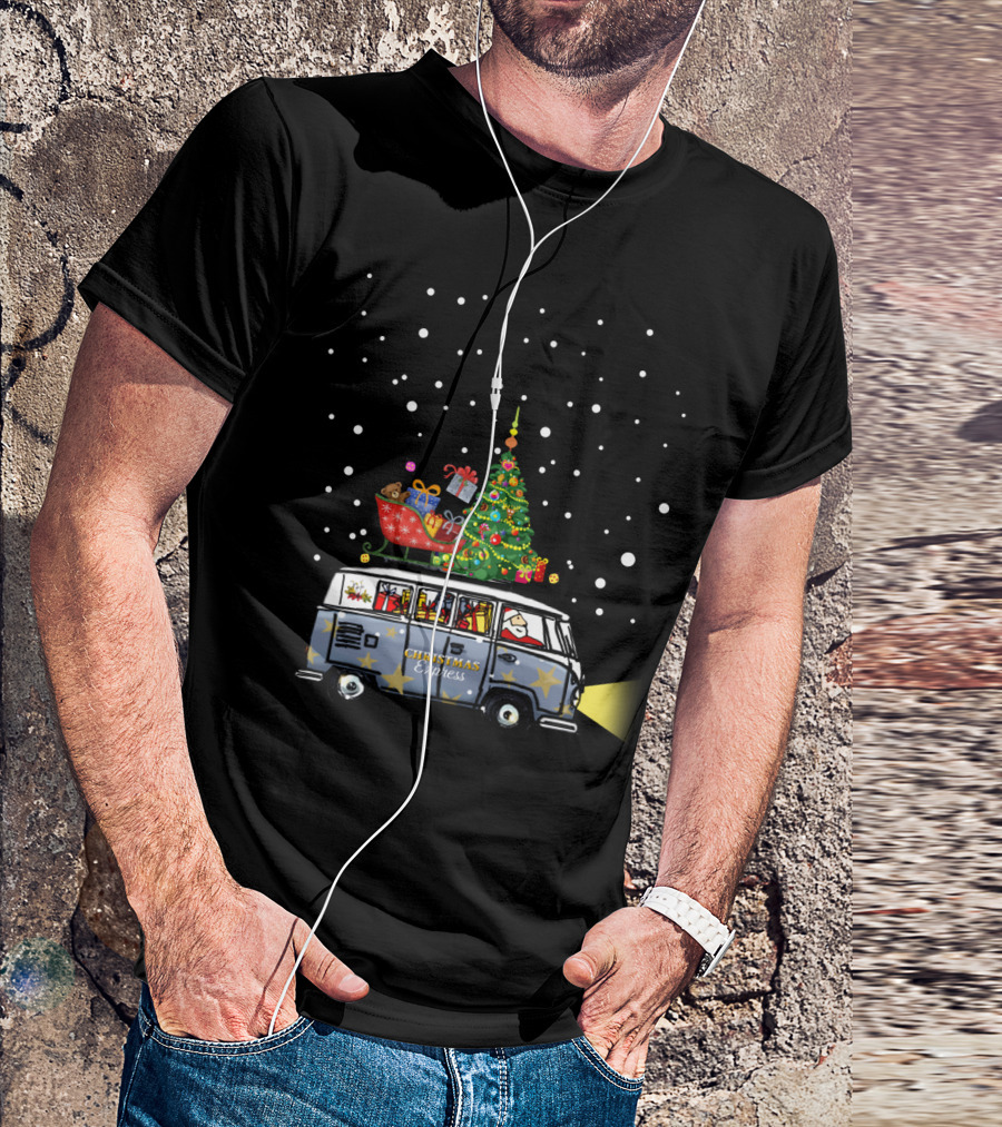 Christmas Express Van With Christmas Tree And Santa In Snowy Scene T-Shirt