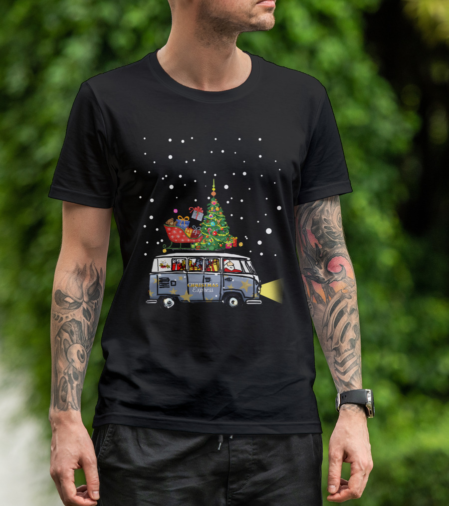 Christmas Express Van With Christmas Tree And Santa In Snowy Scene T-Shirt