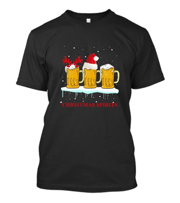 Christmas Spirits Beer Festive Mug Trio With Santa Hat And Reindeer Antlers T-Shirt