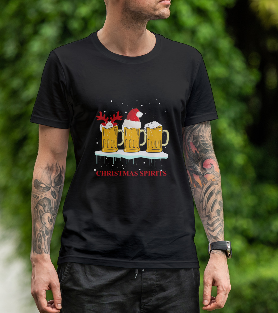 Christmas Spirits Beer Festive Mug Trio With Santa Hat And Reindeer Antlers T-Shirt