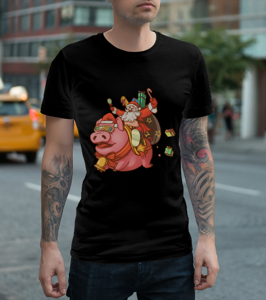 Santa Claus Riding Pig with Candy Canes and Christmas Gifts T-Shirt
