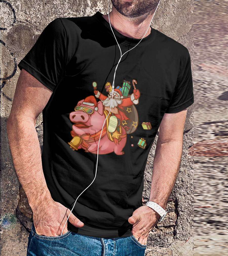 Santa Claus Riding Pig With Candy Canes And Christmas Gifts T-Shirt