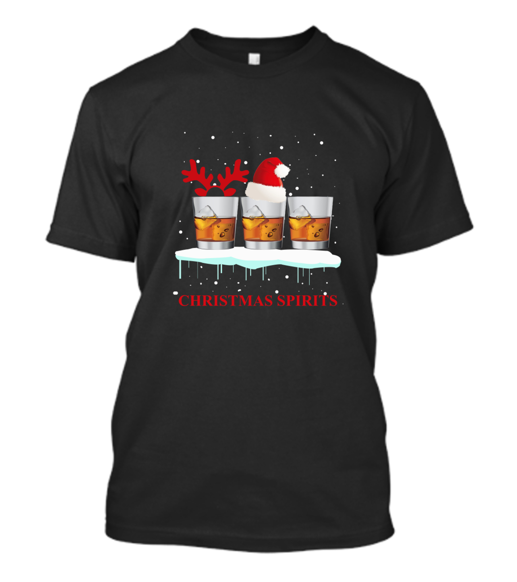 Christmas Spirits Whisky Glasses With Santa Hat And Reindeer Antlers T-Shirt