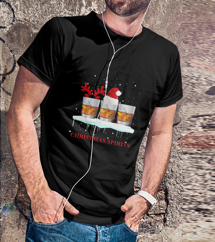 Christmas Spirits Whisky Glasses With Santa Hat And Reindeer Antlers T-Shirt