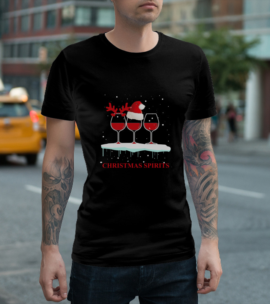 Christmas Spirits Wine Glasses Santa Hat Reindeer Antlers Snowflakes T-Shirt
