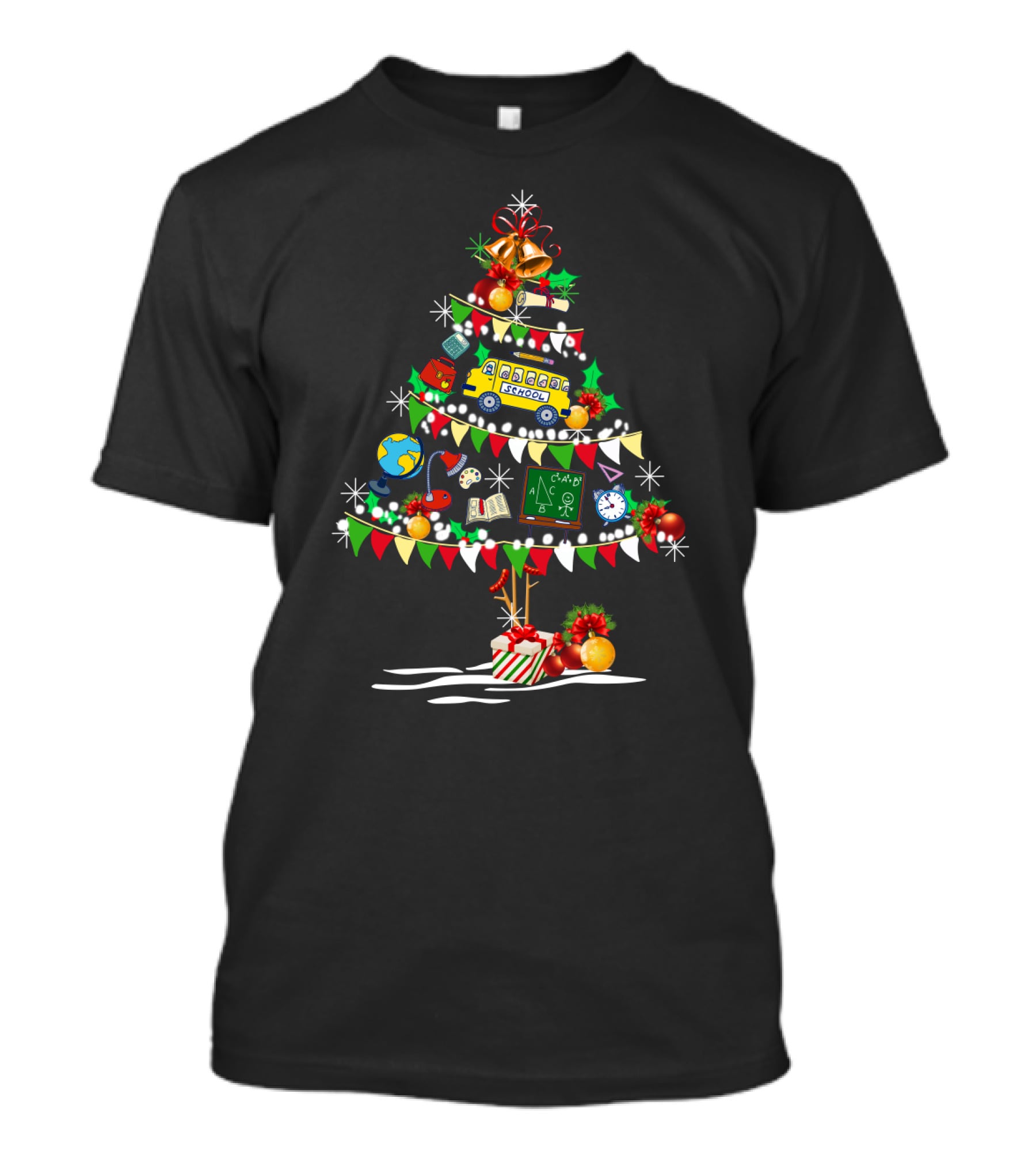 Christmas School Tree With Classroom Icons And Holiday Decorations T-Shirt