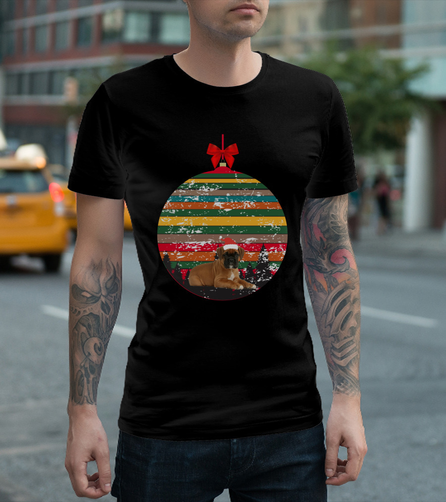 Christmas Vintage Boxer Puppy in Santa Hat Ornament with Stripes and Trees T-Shirt