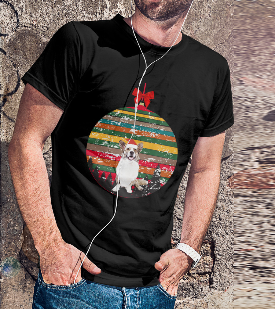 Christmas Corgi Ornament With Vintage Stripes And Festive Red Bow T-Shirt