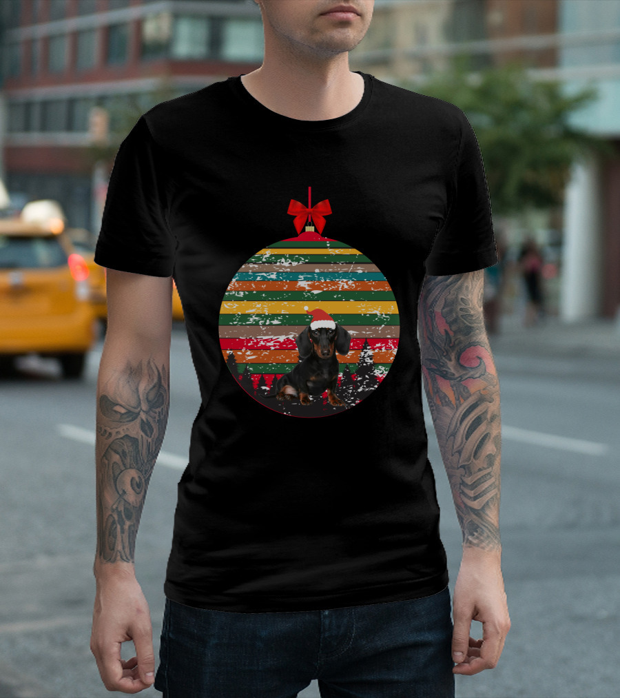 Christmas Dachshund in Vintage Festive Ornament with Santa Hat and Striped T-Shirt