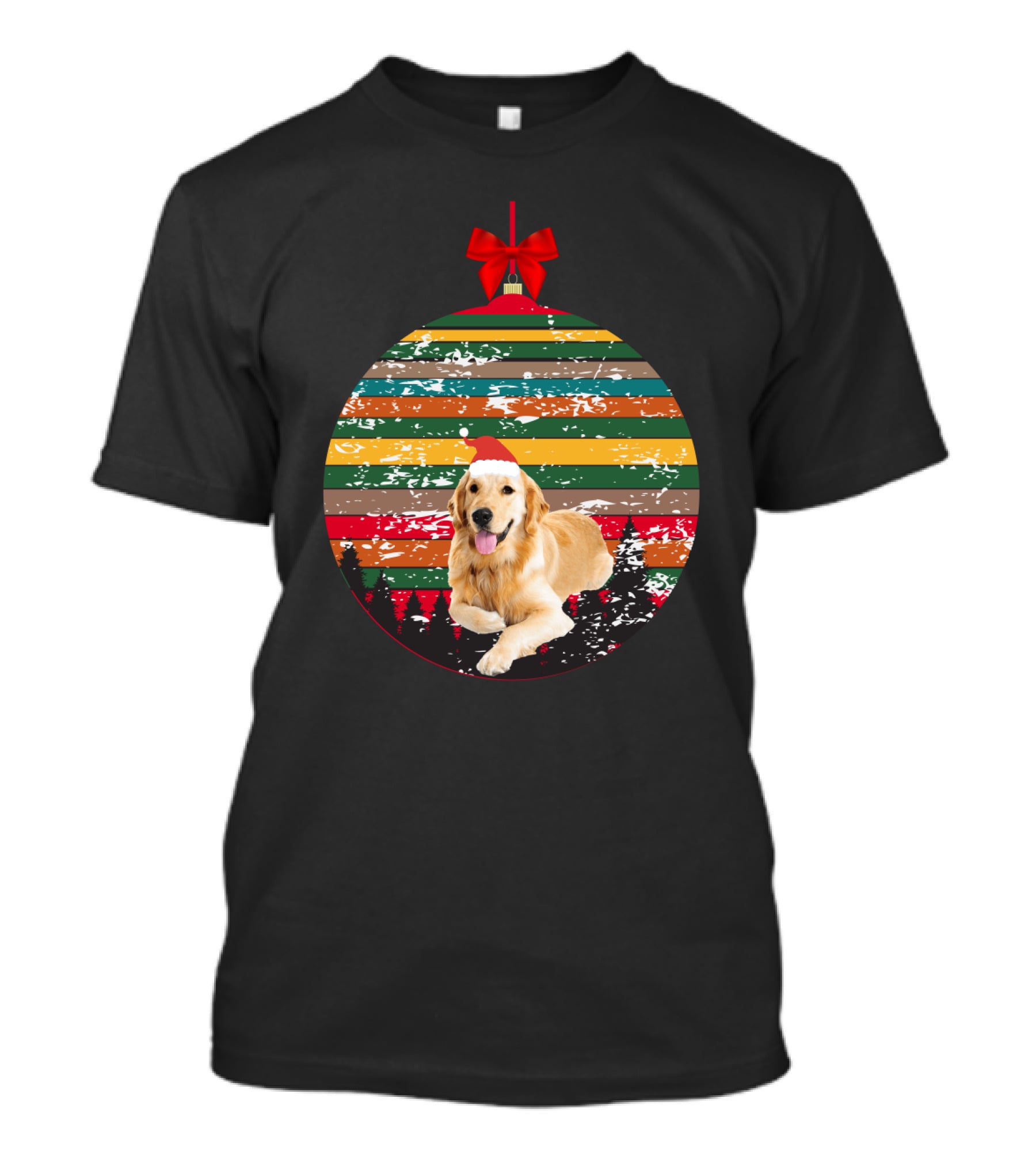 Christmas Vintage Golden Retriever Ornament With Santa Hat And Colorful Stripes T-Shirt