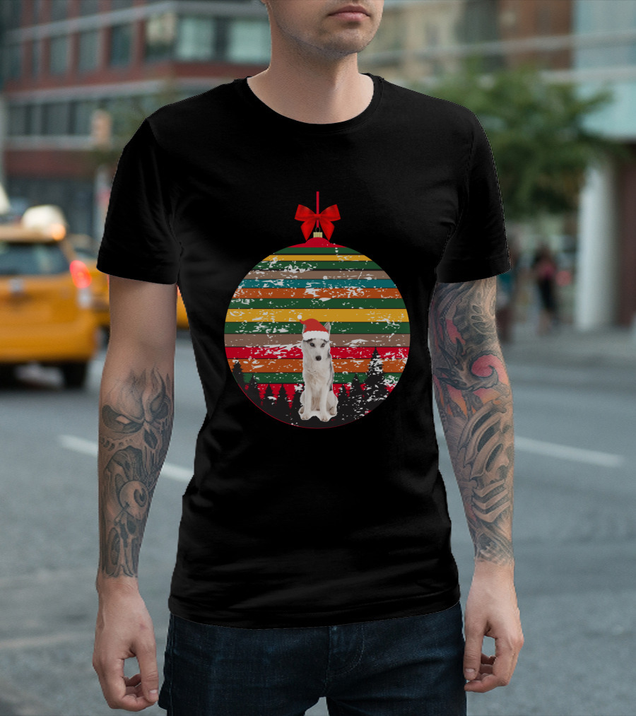 Christmas Husky With Santa Hat And Vintage Ornament Stripes T-Shirt