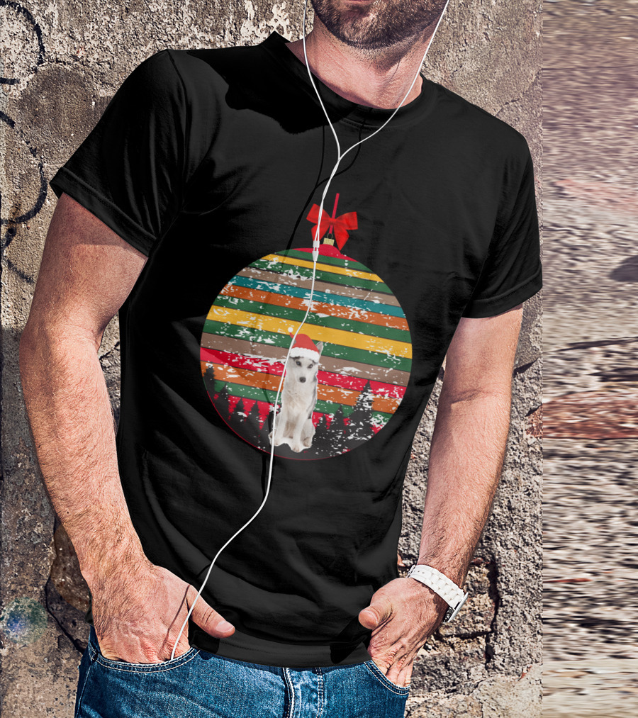 Christmas Husky With Santa Hat And Vintage Ornament Stripes T-Shirt