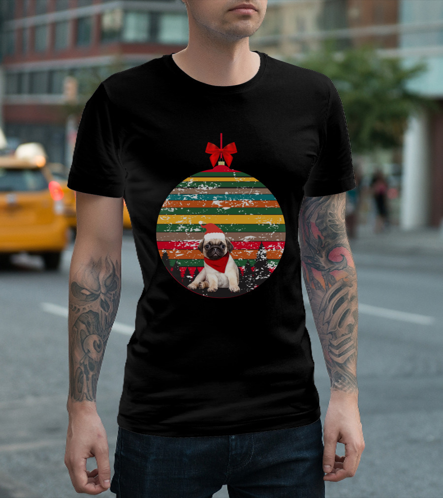 Festive Christmas Ornament With Vintage Pug And Striped Santa Hat And Scarf T-Shirt