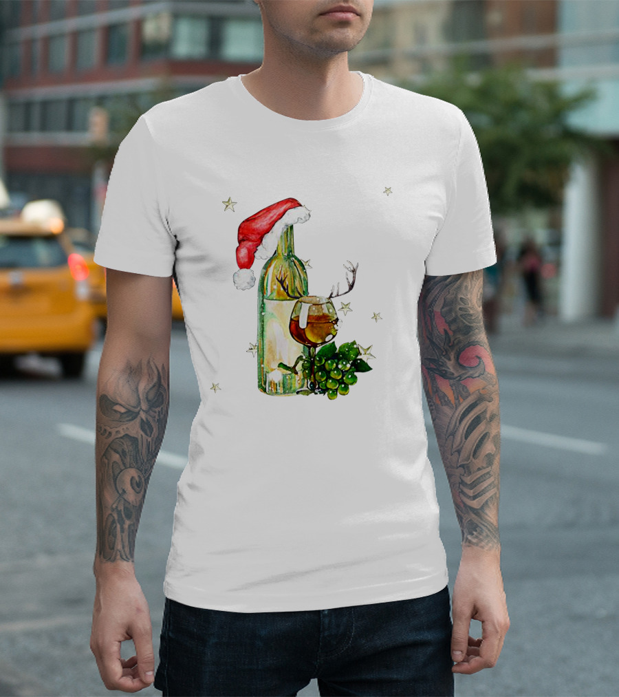 Santa Hat Wine Bottle with Antler Glass Christmas Grapes and Stars T-Shirt