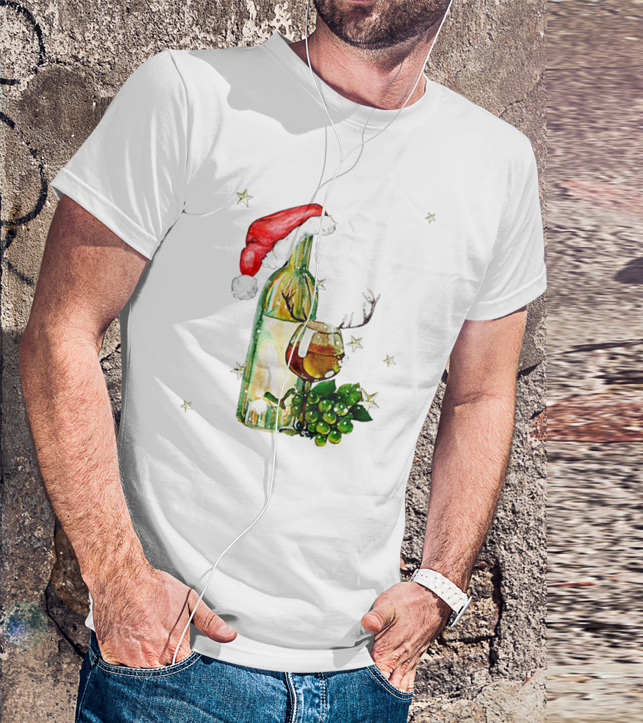 Santa Hat Wine Bottle With Antler Glass Christmas Grapes And Stars T-Shirt