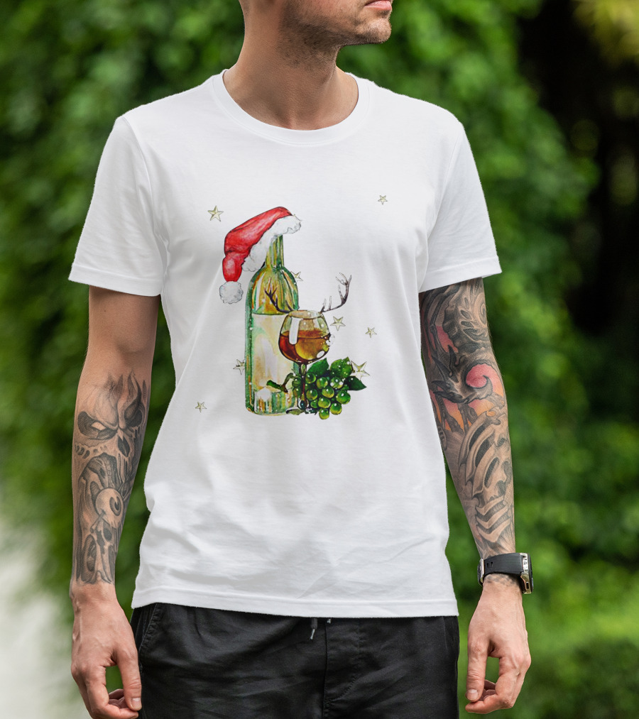 Santa Hat Wine Bottle With Antler Glass Christmas Grapes And Stars T-Shirt