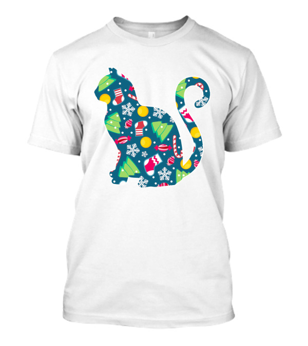 Christmas Cat Silhouette With Festive Trees And Ornaments T-Shirt