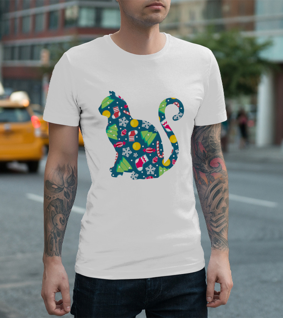 Christmas Cat Silhouette with Festive Trees and Ornaments T-Shirt