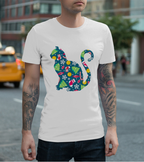 Christmas Cat Silhouette With Festive Trees And Ornaments T-Shirt