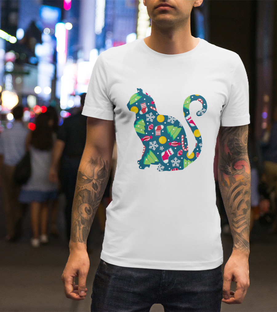 Christmas Cat Silhouette With Festive Trees And Ornaments T-Shirt