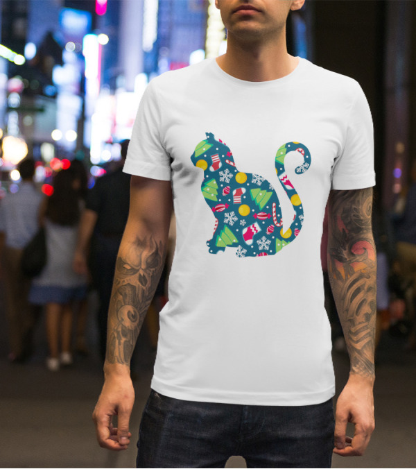Christmas Cat Silhouette With Festive Trees And Ornaments T-Shirt