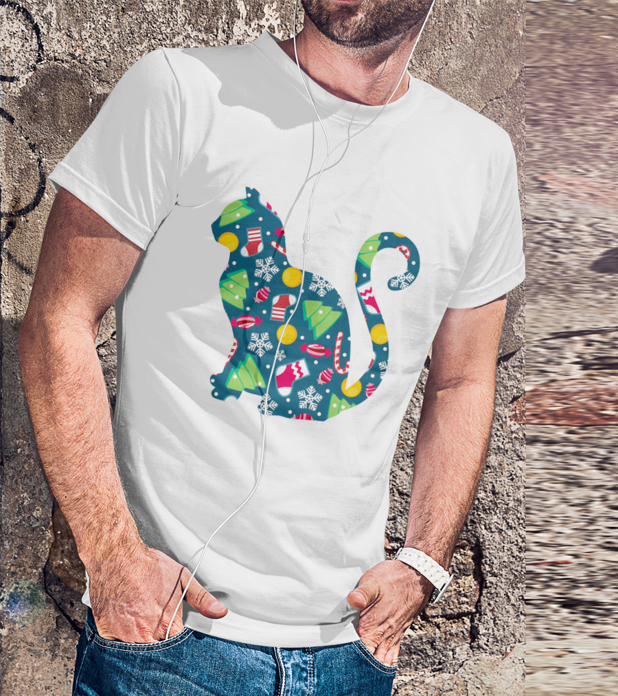 Christmas Cat Silhouette With Festive Trees And Ornaments T-Shirt