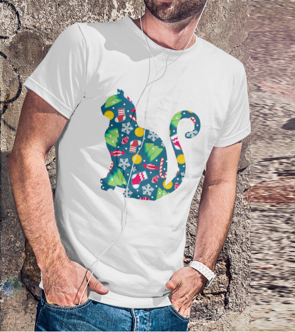 Christmas Cat Silhouette With Festive Trees And Ornaments T-Shirt