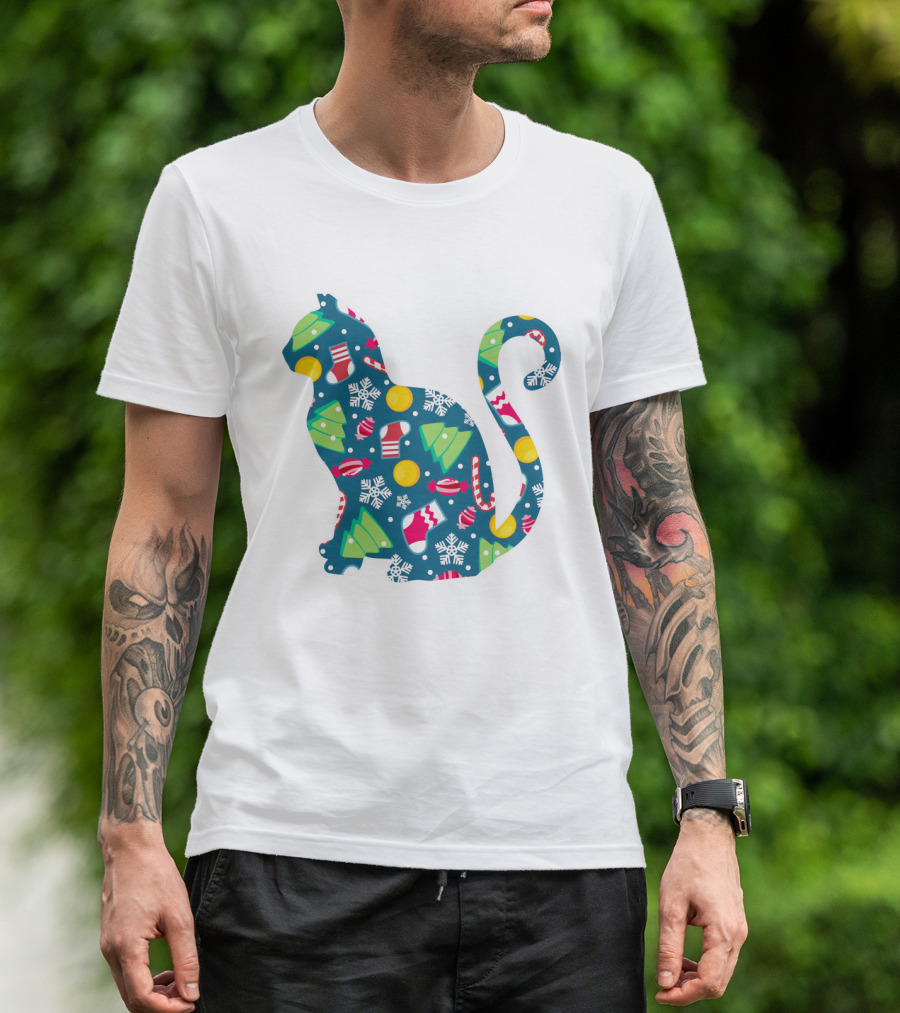 Christmas Cat Silhouette With Festive Trees And Ornaments T-Shirt