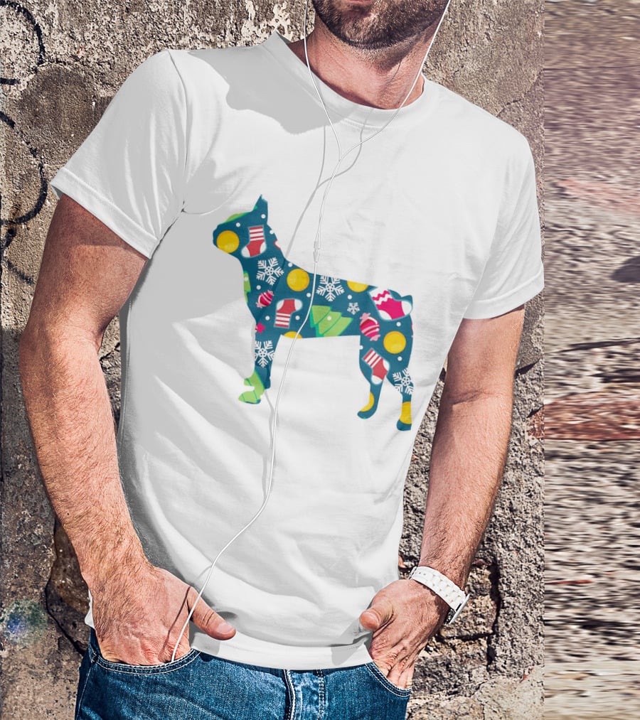 Festive Boston Terrier Dog Lover Christmas Pattern With Snowflakes And Ornaments T-Shirt