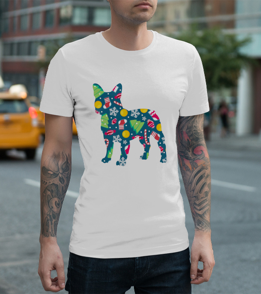 Dog Lover Christmas Frenchie Bulldog Pattern with Holiday Decorations T-Shirt