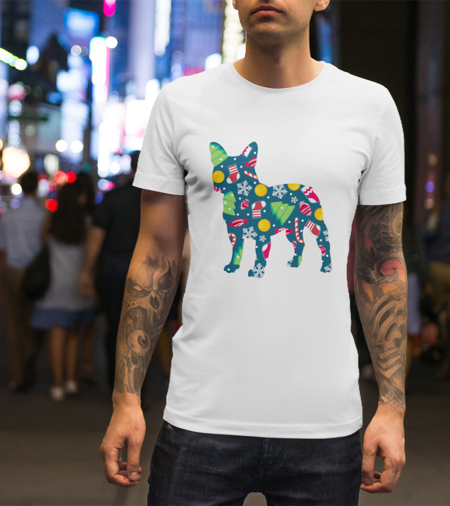 Dog Lover Christmas Frenchie Bulldog Pattern With Holiday Decorations T-Shirt