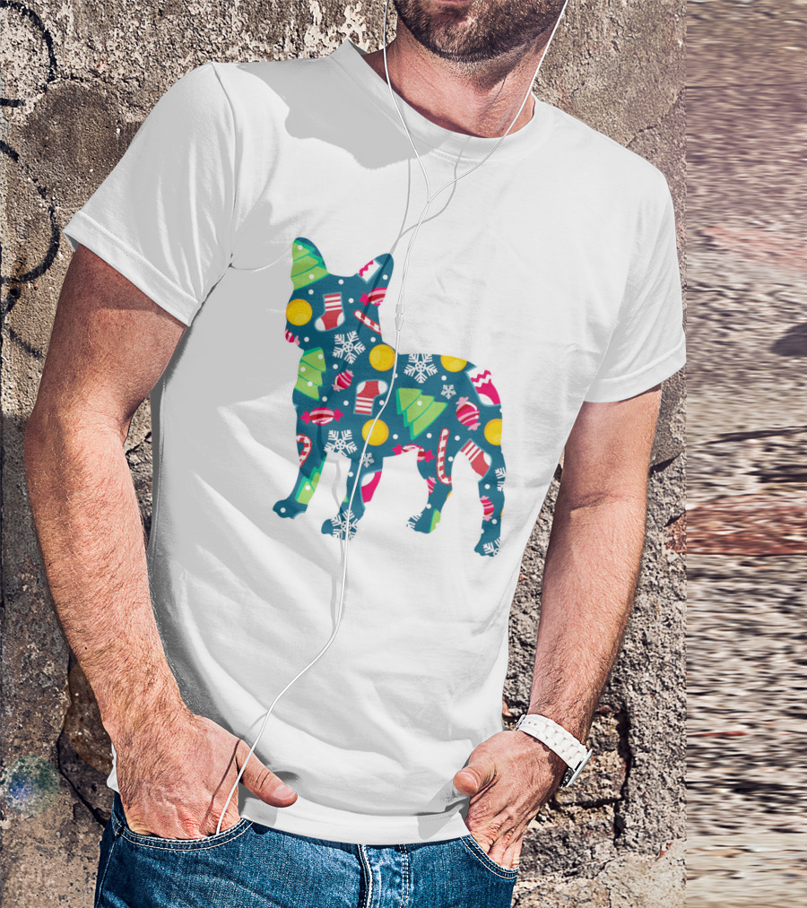 Dog Lover Christmas Frenchie Bulldog Pattern With Holiday Decorations T-Shirt