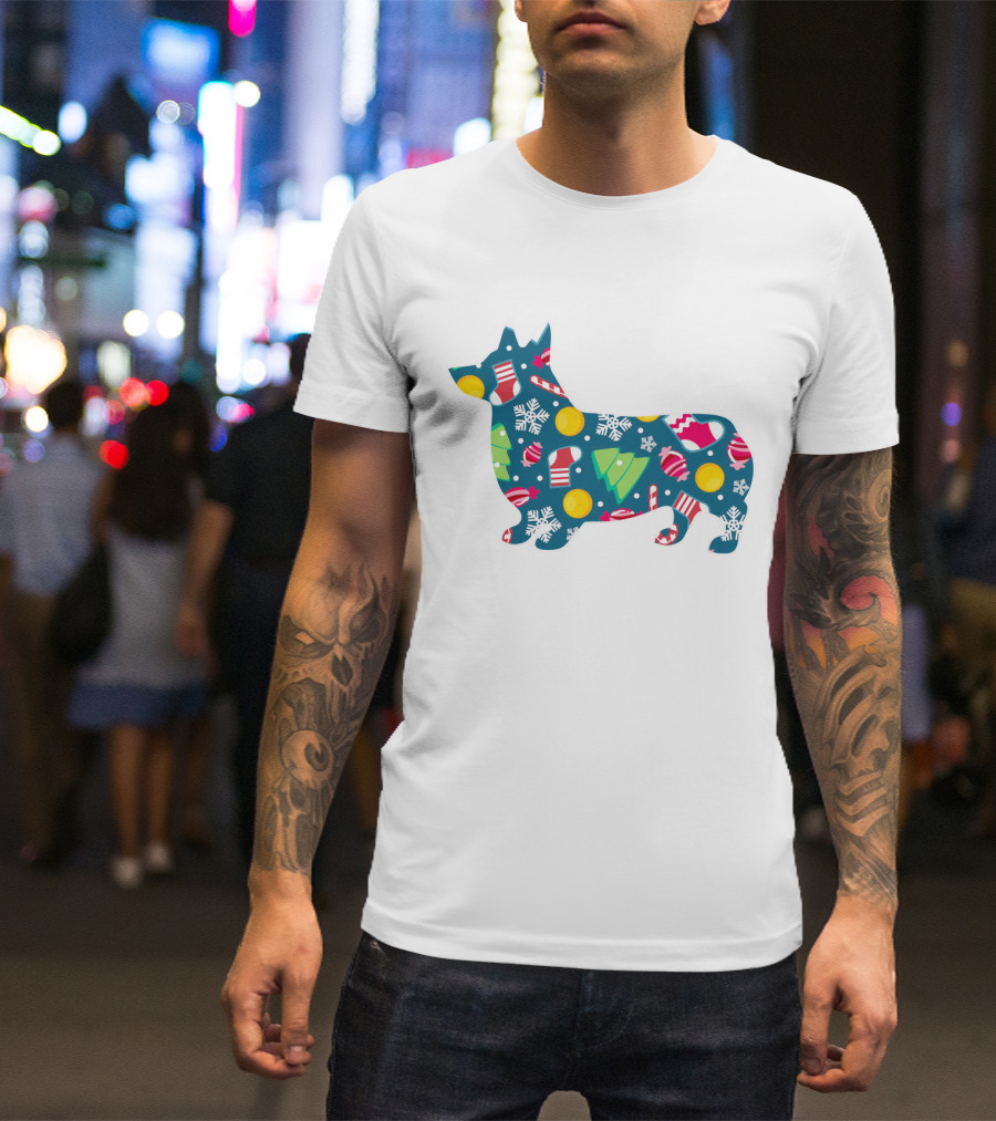 Corgi Silhouette With Candy Canes Ornaments Snowflakes And Christmas Trees For Dog Lovers T-Shirt