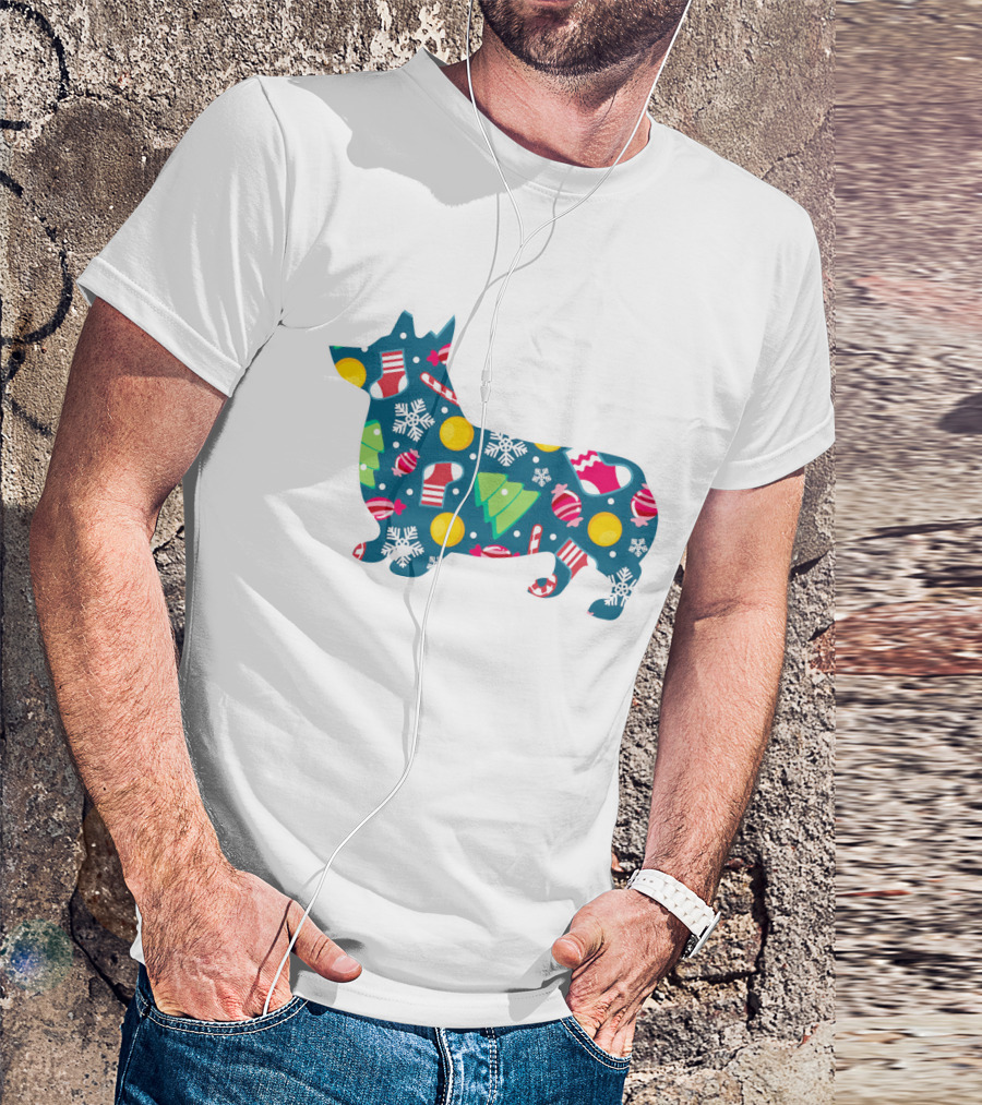 Corgi Silhouette With Candy Canes Ornaments Snowflakes And Christmas Trees For Dog Lovers T-Shirt