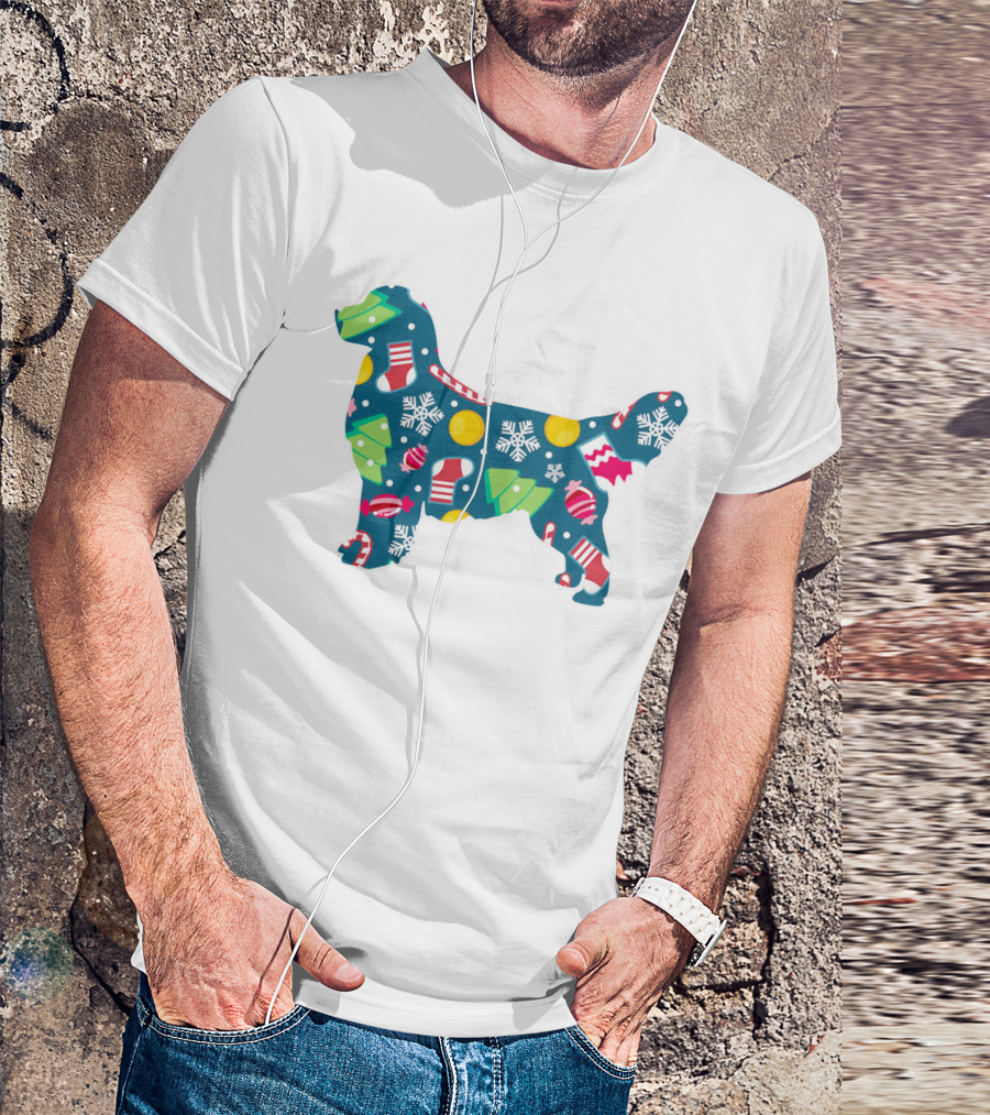 Golden Retriever Christmas Pattern With Snowflakes, Trees, Ornaments, And Stockings For Dog Lovers T-Shirt