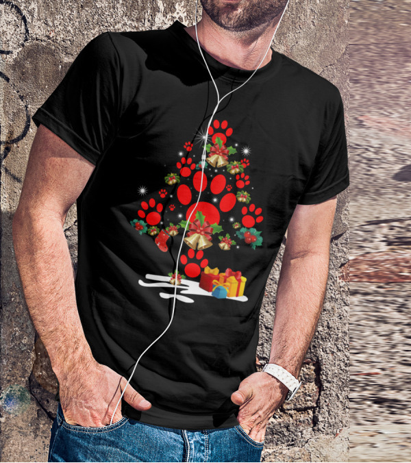 Dog Paw Christmas Tree With Bells And Holly T-Shirt