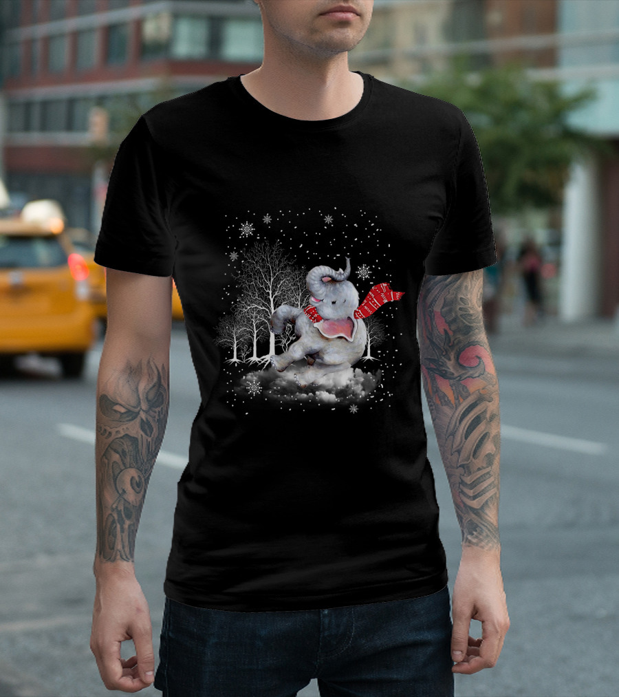 Elephant Christmas Snowflake Scarf Winter Forest Scene T-Shirt