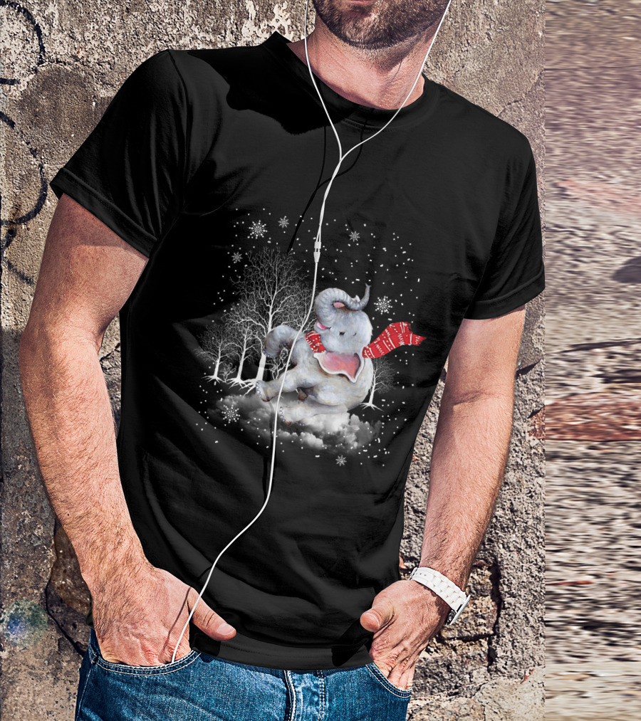 Elephant Christmas Snowflake Scarf Winter Forest Scene T-Shirt
