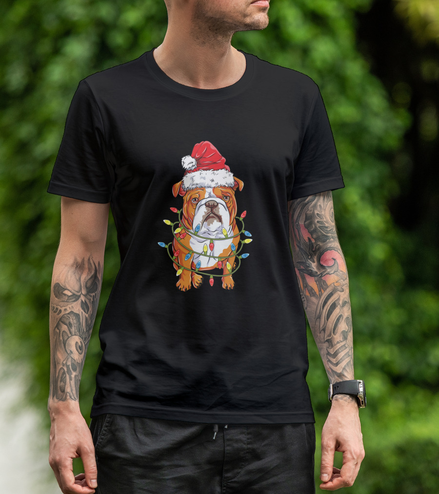 English Bulldog Christmas Santa Hat Festive Lights T-Shirt