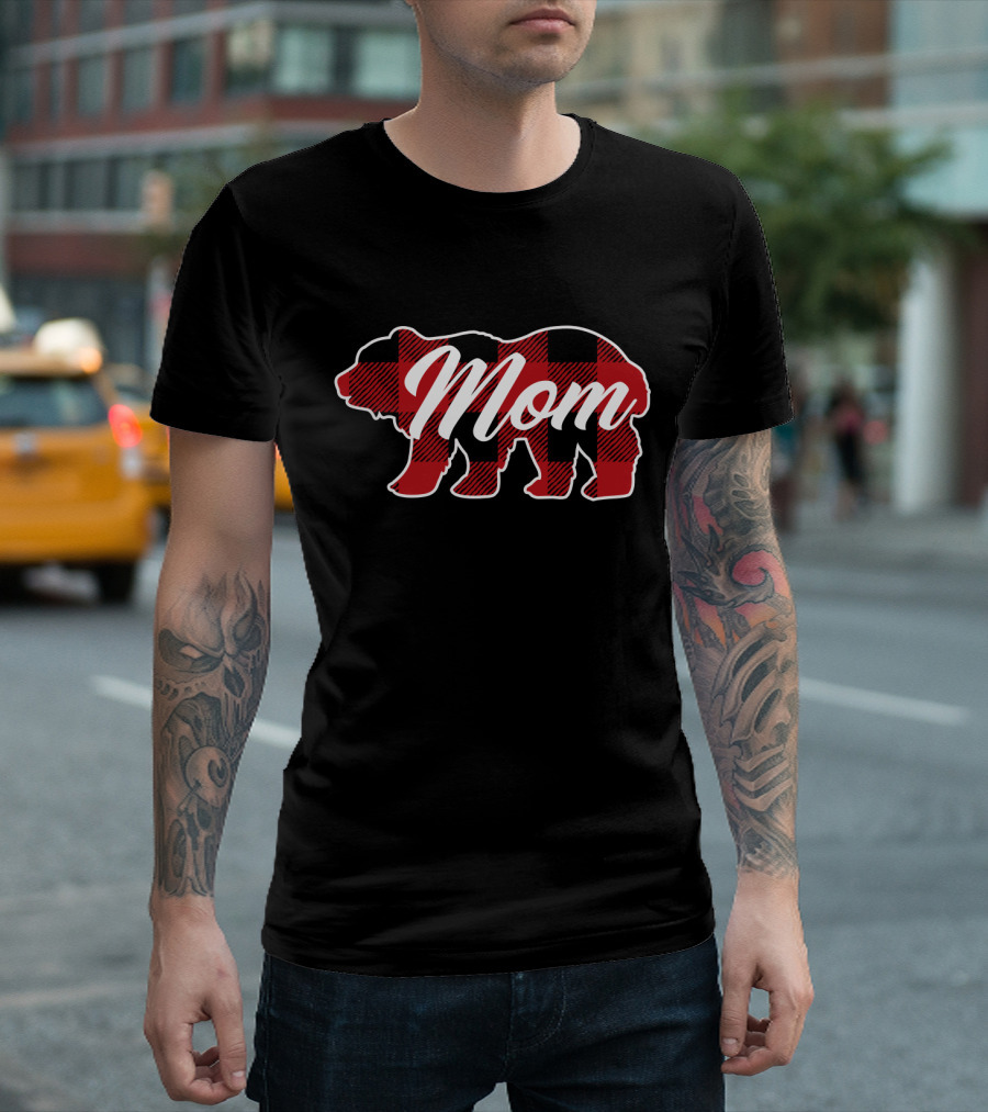 Family Christmas Matching Buffalo Plaid Bear Mom T-Shirt