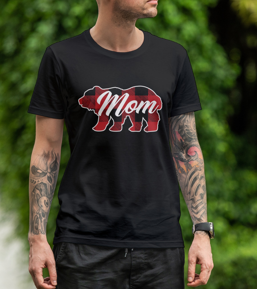 Family Christmas Matching Buffalo Plaid Bear Mom T-Shirt