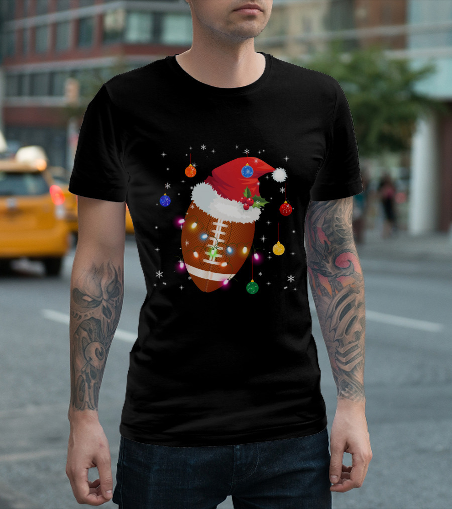 Christmas Football Santa Hat Ornaments Lights T-Shirt