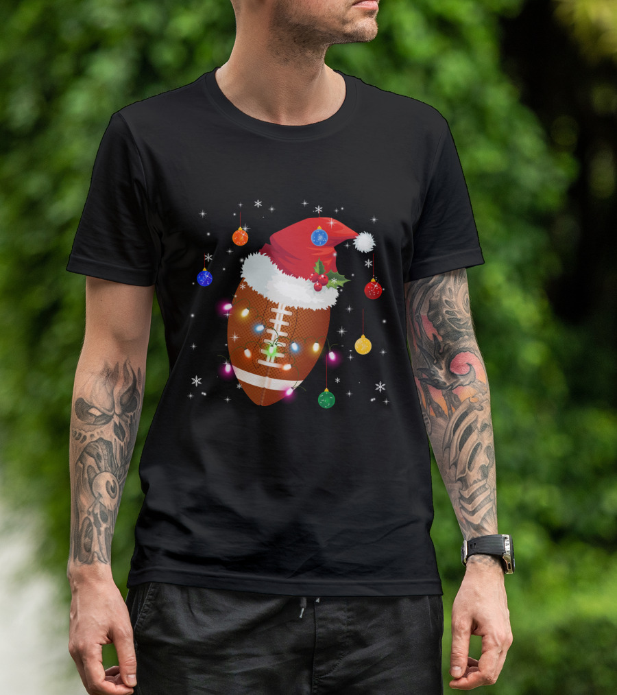 Christmas Football Santa Hat Ornaments Lights T-Shirt