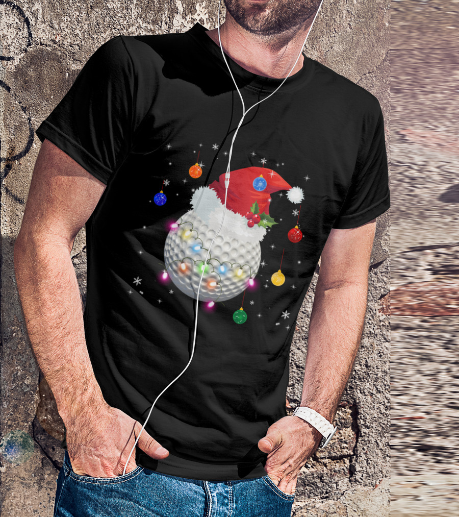 Christmas Golf Ball Santa Hat Holiday Lights T-Shirt