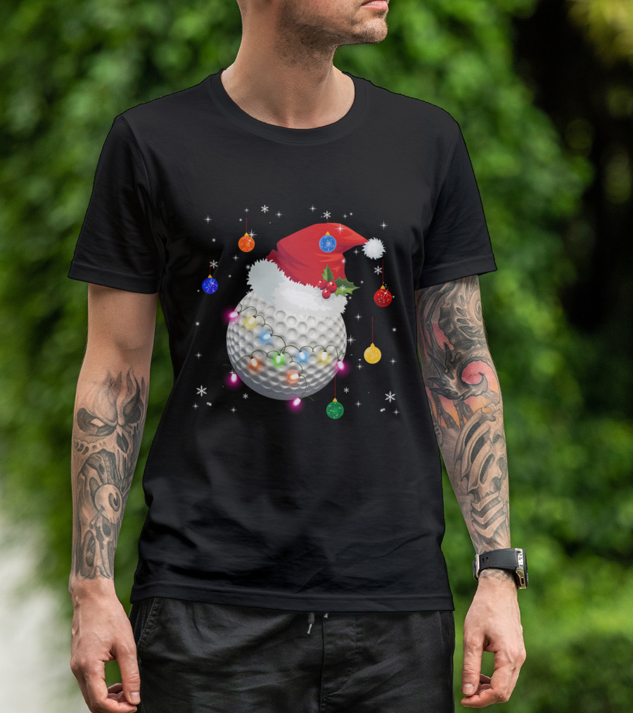Christmas Golf Ball Santa Hat Holiday Lights T-Shirt